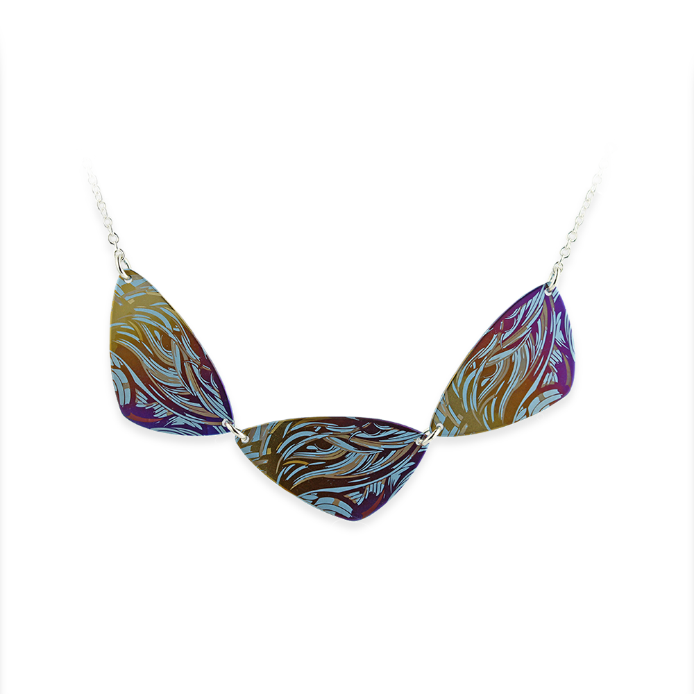 Triple colourful wave pattern plectrum pendant and silver chain