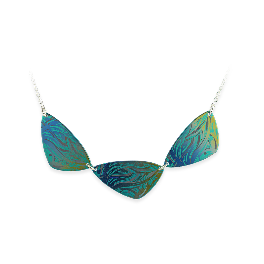 Triple colourful wave pattern plectrum pendant and silver chain