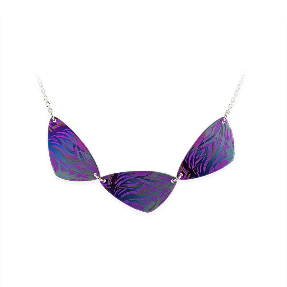 Triple colourful wave pattern plectrum pendant and silver chain